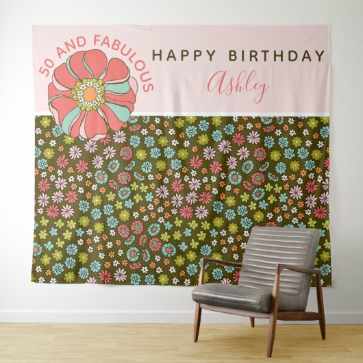 Groovy Roze Bloemige Verjaardagsfotobackdrop Wandkleed (In Situ (horizontaal))