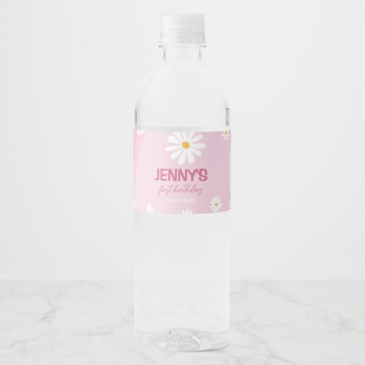 Groovy Roze Daisy Verjaardag Water Fles Label Waterfles Etiket (Voorkant)