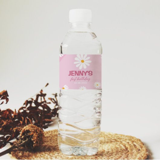 Groovy Roze Daisy Verjaardag Water Fles Label Waterfles Etiket