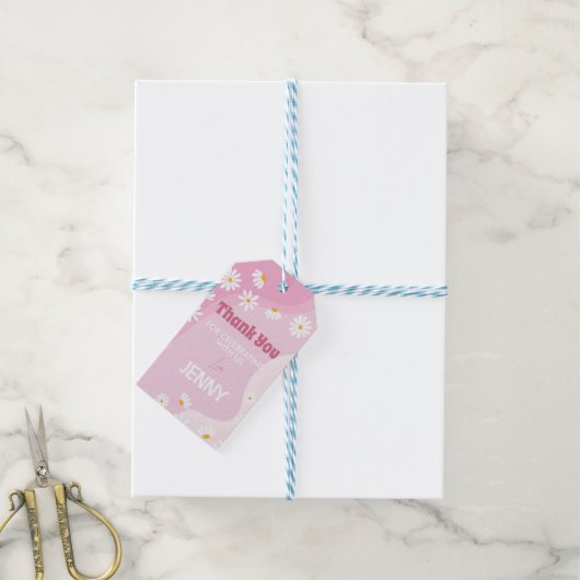 Groovy Roze Daisy Verjaardagsfeestje Dank u Label Cadeaulabel (Met Touw)
