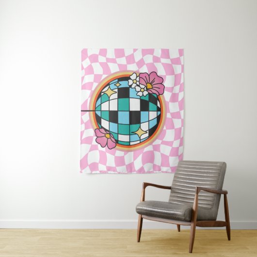 Groovy Roze Disco Ball 60s Hippie Retro geruit Wandkleed (In situ)