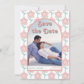 Groovy roze en aqua bloemen 70s geïnspireerd foto save the date (Voorkant)