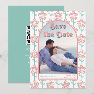 Groovy roze en aqua bloemen 70s geïnspireerd foto save the date