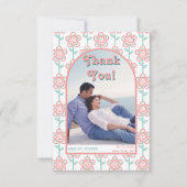 Groovy roze en aqua bloemen 70s trouwfoto bedankkaart (Voorkant)