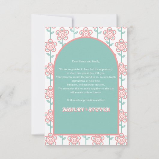 Groovy roze en aqua bloemen 70s trouwfoto bedankkaart (Achterkant)