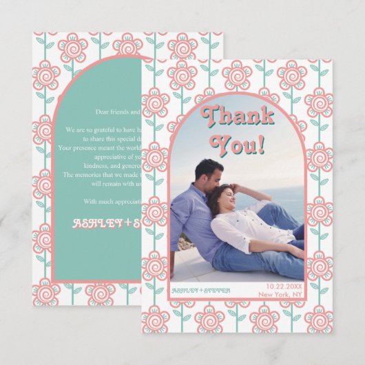 Groovy roze en aqua bloemen 70s trouwfoto bedankkaart (Voorkant / Achterkant)