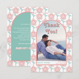 Groovy roze en aqua bloemen 70s trouwfoto bedankkaart