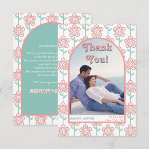 Groovy roze en aqua bloemen 70s trouwfoto bedankkaart