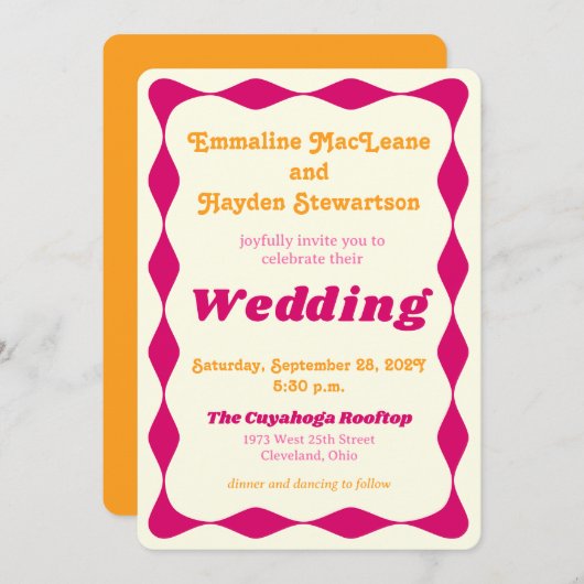 Groovy roze en goud golvende grens bruiloft kaart (Voorkant / Achterkant)