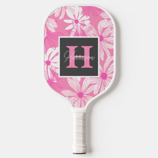 Groovy roze floral Monogram & naam op maat Pickleball Paddle (Voorkant)