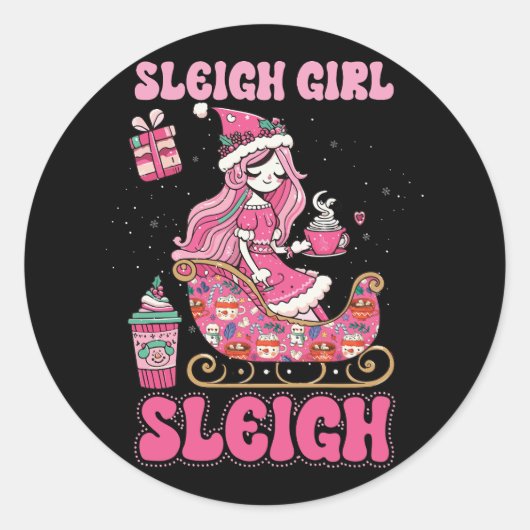 Groovy Roze Kerstmis Koffie Sleigh Meisje Sleigh X Ronde Sticker (Voorkant)