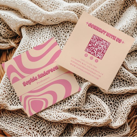 Groovy Roze Retro Golf met QR-code Vierkante Visitekaartje