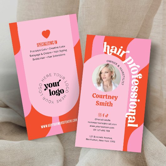 Groovy Roze & Rood Modern Hair Stylist Salon Foto Visitekaartje