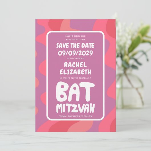 Groovy Roze Waves Custom Bat Mitzvah Save The Date (Staand voorkant)