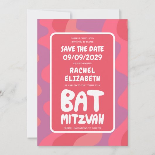 Groovy Roze Waves Custom Bat Mitzvah Save The Date (Voorkant)