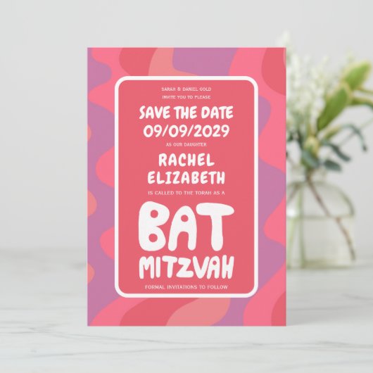 Groovy Roze Waves Custom Bat Mitzvah Save The Date (Staand voorkant)