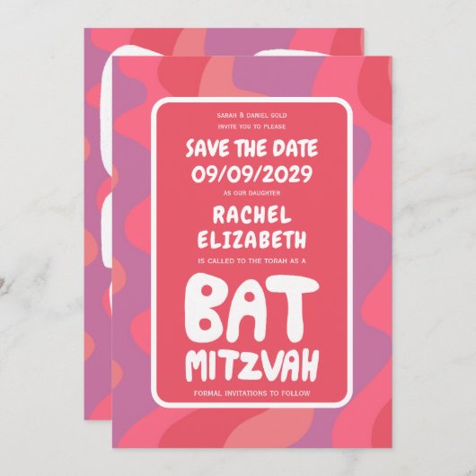 Groovy Roze Waves Custom Bat Mitzvah Save The Date (Voorkant / Achterkant)