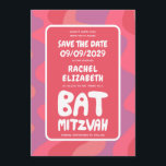 Groovy Roze Waves Custom Bat Mitzvah Save The Date<br><div class="desc">Perfecte kaart om een vleermuismitswa of andere joodse viering aan te kondigen en gasten te vragen om de datum te bewaren! Hand gemaakte kunst voor u met handlettering aan de voor- en achterkant! VOLLEDIG ! Klik op "Personaliseren" hierboven om de tekst te bewerken. Klik op "bewerken met behulp van design...</div>