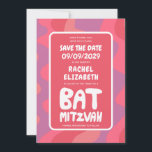 Groovy Roze Waves Custom Bat Mitzvah Save The Date<br><div class="desc">Perfecte kaart om een vleermuismitswa of andere joodse viering aan te kondigen en gasten te vragen om de datum te bewaren! Hand gemaakte kunst voor u met handlettering aan de voor- en achterkant! VOLLEDIG ! Klik op "Personaliseren" hierboven om de tekst te bewerken. Klik op "bewerken met behulp van design...</div>