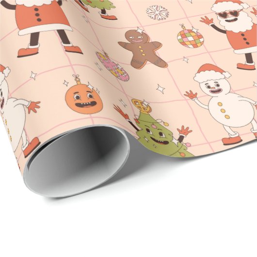 Groovy Santa Retro Sneeuwman Kerstboom Vakantie Cadeaupapier (Rol Hoek)