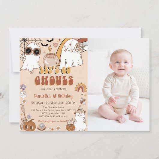 Groovy Schattige Ghost Halloween 1e Verjaardagsfee Kaart (Voorkant)