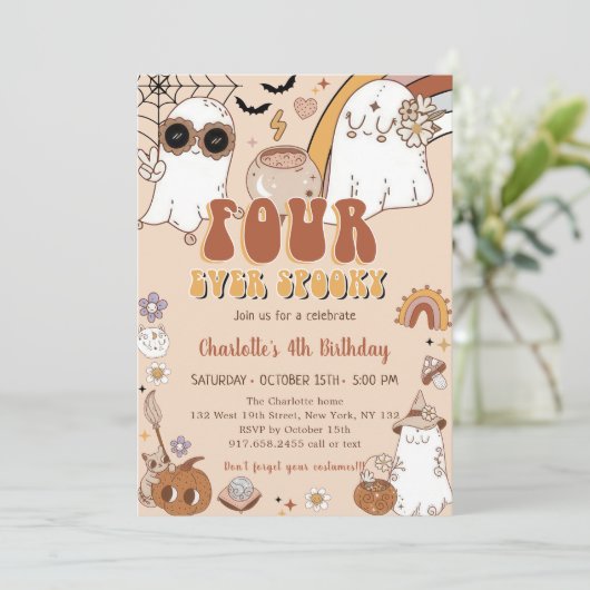 Groovy Schattige Ghost Halloween 4e Verjaardagsfee Kaart (Staand voorkant)