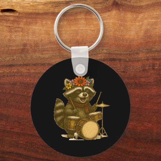 Groovy Schattige Raccoon Floral Crown Gitarist Sleutelhanger (Achterkant)