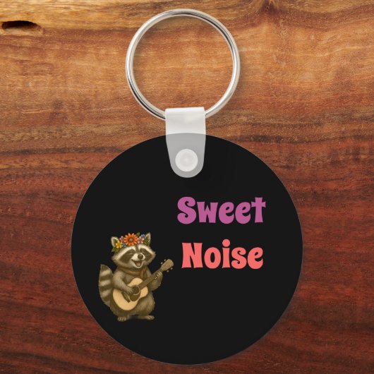 Groovy Schattige Raccoon Floral Crown Gitarist Sleutelhanger (Voorkant)