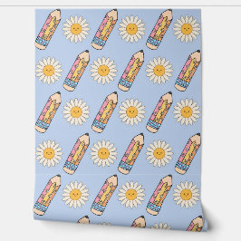 Groovy School Wallpaper met potloden en bloemen Behang