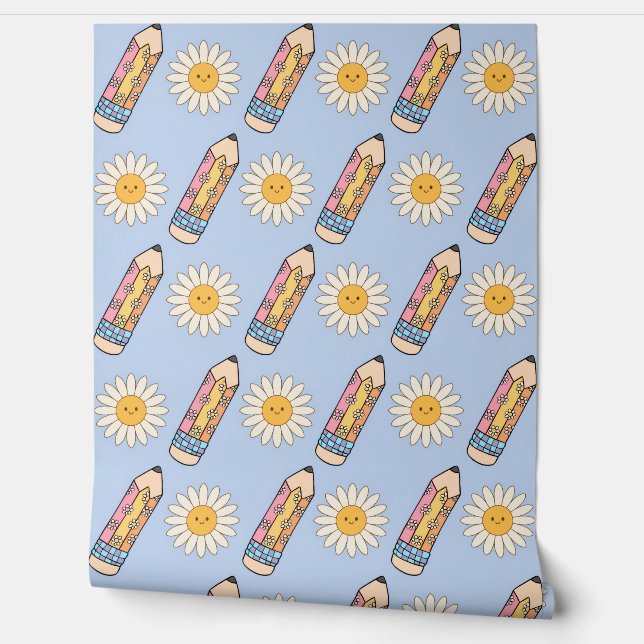 Groovy School Wallpaper met potloden en bloemen Behang (Afrollen)