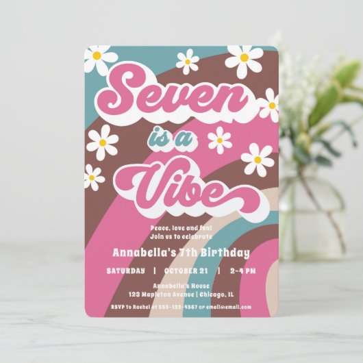 Groovy Seven is een Vibe roze blauwgroen meisje 7e Kaart (Staand voorkant)