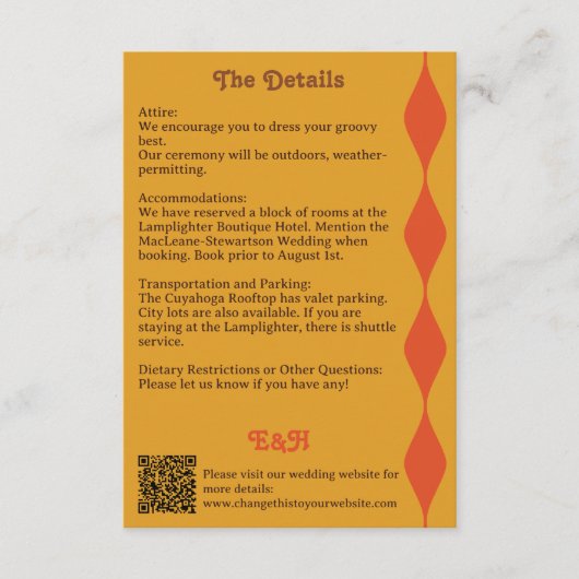Groovy Sinaasappel Brown Wavy Border Wedding Detai Informatiekaartje (Voorkant)