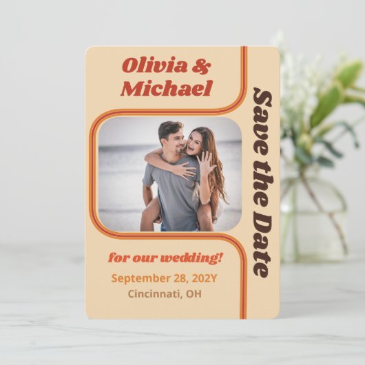 Groovy Sinaasappel en Brown Rainbow Curve Foto Save The Date (Staand voorkant)