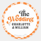 Groovy Sinaasappel geruit Modern Retro bruiloft Ronde Sticker (Voorkant)