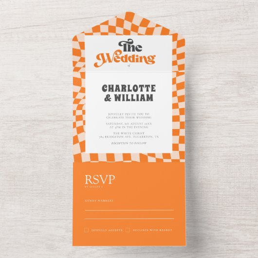 Groovy Sinaasappel geruit Uniek Modern Bruiloft All In One Uitnodiging (Binnen)