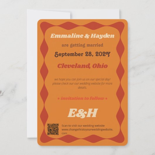 Groovy Sinaasappel golvende grens foto bruiloft Save The Date (Achterkant)