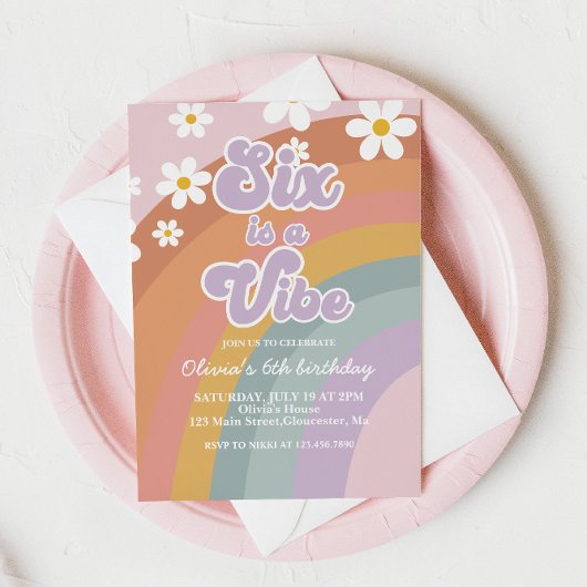 Groovy Six is a vibe Retro Regenboog 6de Verjaarda Kaart