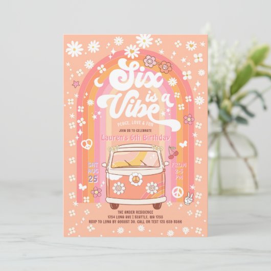 Groovy Six is Vibe Van Bus 6e verjaardag Kaart (Staand voorkant)