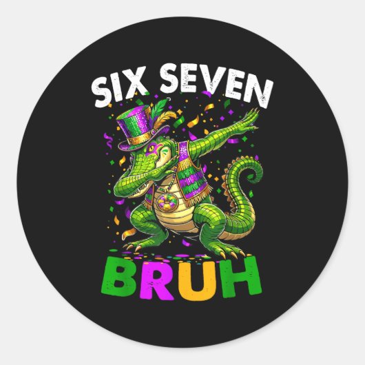 Groovy Six Seven Bruh Alligator Dabbing Mardi Gras Ronde Sticker (Voorkant)