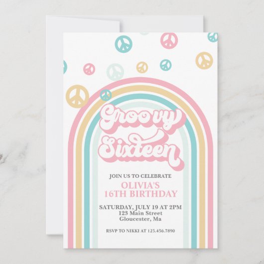 Groovy Sixteen Retro Summer Rainbow Uitnodiging (Voorkant)