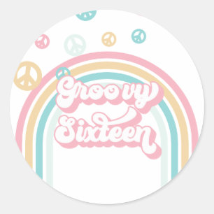 Groovy Sixteen Retro Zomer Regenboog Ronde Sticker