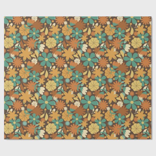 Groovy Sixties Retro Flower Power in Brown Cadeaupapier (Vlak)