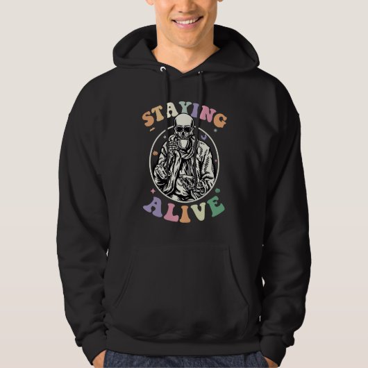 Groovy Skeleton Staying Alive Coffee Halloween Hip Hoodie (Voorkant)