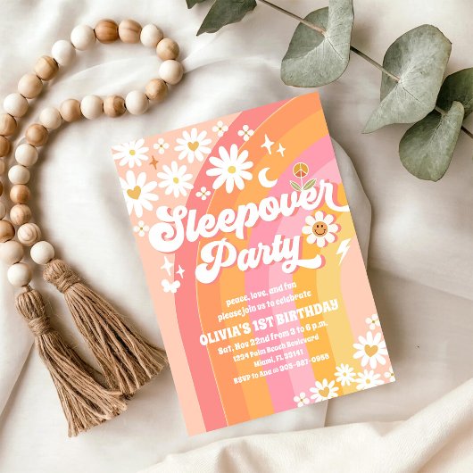 Groovy Sleepover 1e Verjaardagsuitnodiging Kaart