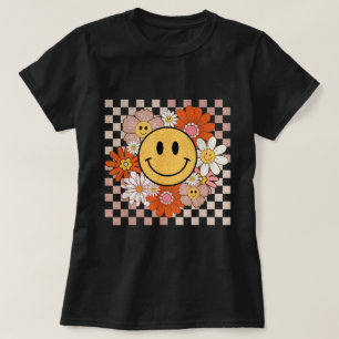 Groovy Smile Happy Face Flowers Geruite Hippie T-shirt