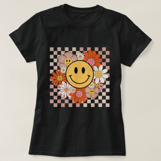 Groovy Smile Happy Face Flowers Geruite Hippie T-shirt (Design voorkant)