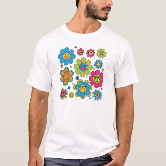 Groovy Smiley Gezicht Bloemen | 70s Retro Vibe Des T-shirt (Voorkant)