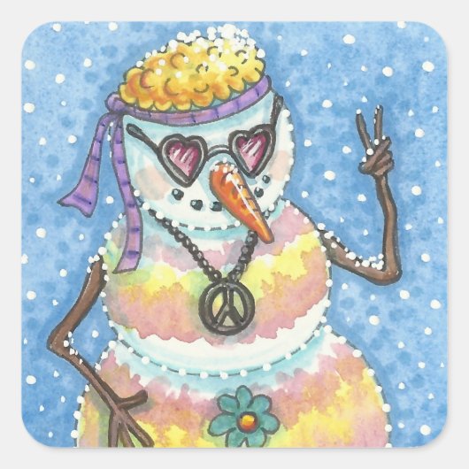 GROOVY SNOWMAN, PEACE SIGN KERST STICKERS Squ (Voorkant)