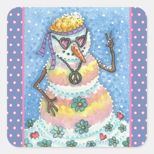 GROOVY SNOWMAN, PEACE SIGN KERST STICKERS Squ (Voorkant)