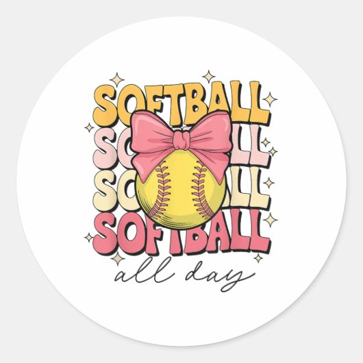 Groovy Softball Coquette Bow Softball Lover Softba Ronde Sticker (Voorkant)